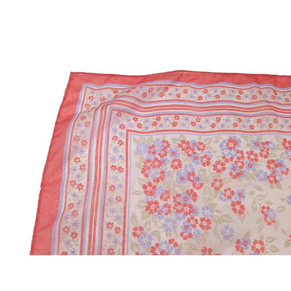 Vintage 70s Scarf Coral Pink Lavender Floral Stripe Floral Print Square - Picture 2 of 10